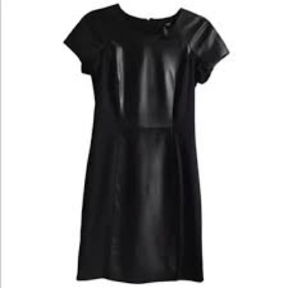 AQUA Black Leather Shift Dress Dinner Party Short Sleeve Mini Sexy L Classic